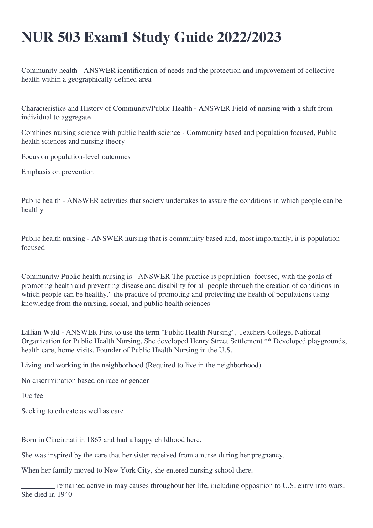 Preview of NUR 503 Exam1 Study Guide 2022/2023